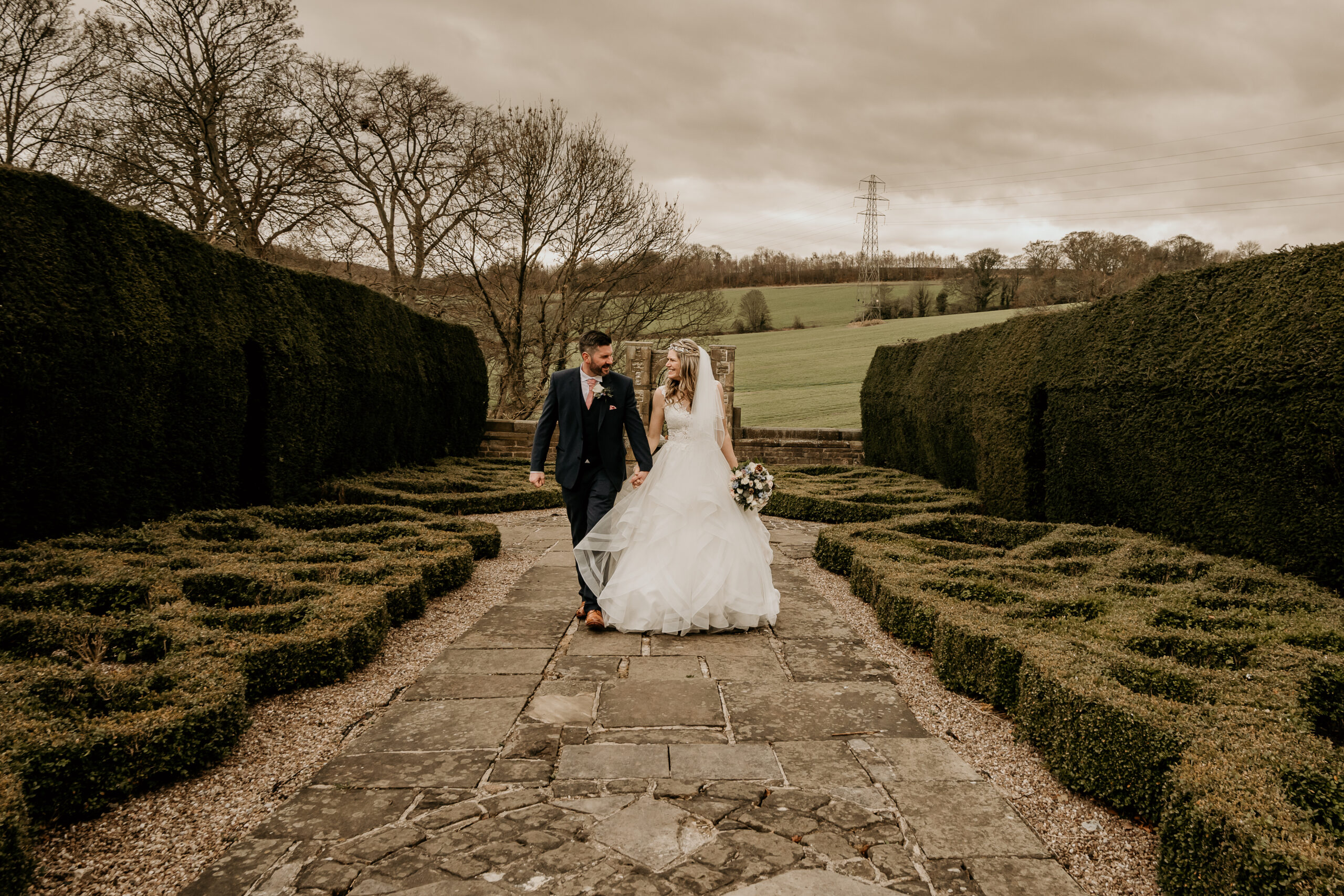 Ringwood Hall in Chesterfield bride and groom walking